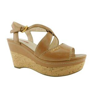 PRADA Logo Tan Brown Leather Crisscross Cork Wedge Sling Heel Sandals 37